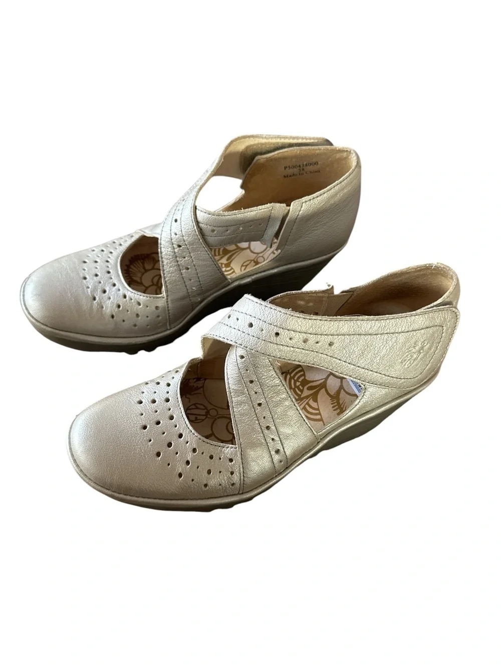 FLY London Yepe Metallic Champagne Wedge Crisscross Mary Jane Shoes Size EU 38